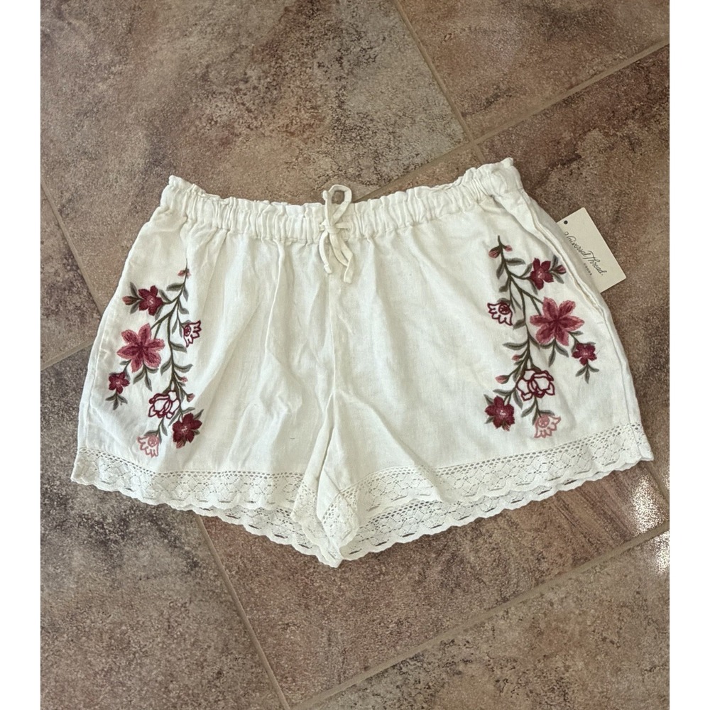 Universal Thread Women's Floral Embroidery Linen Pull-On Shorts Off-White Sz M